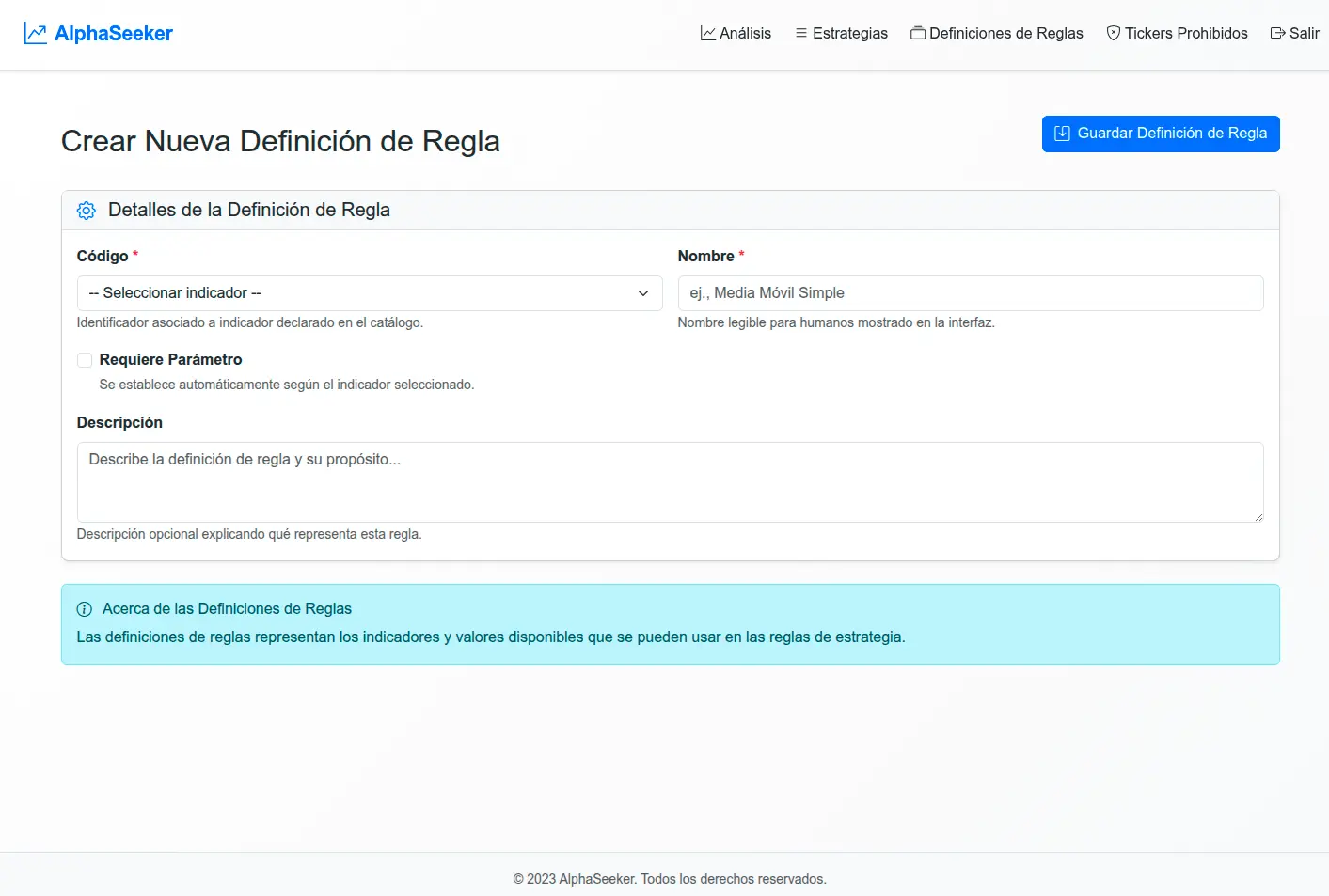 AlphaSeeker - Definiciones de Reglas
